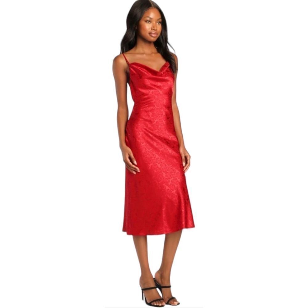 Lulus You're My Type Red Satin Jacquard Midi
Slip Dress